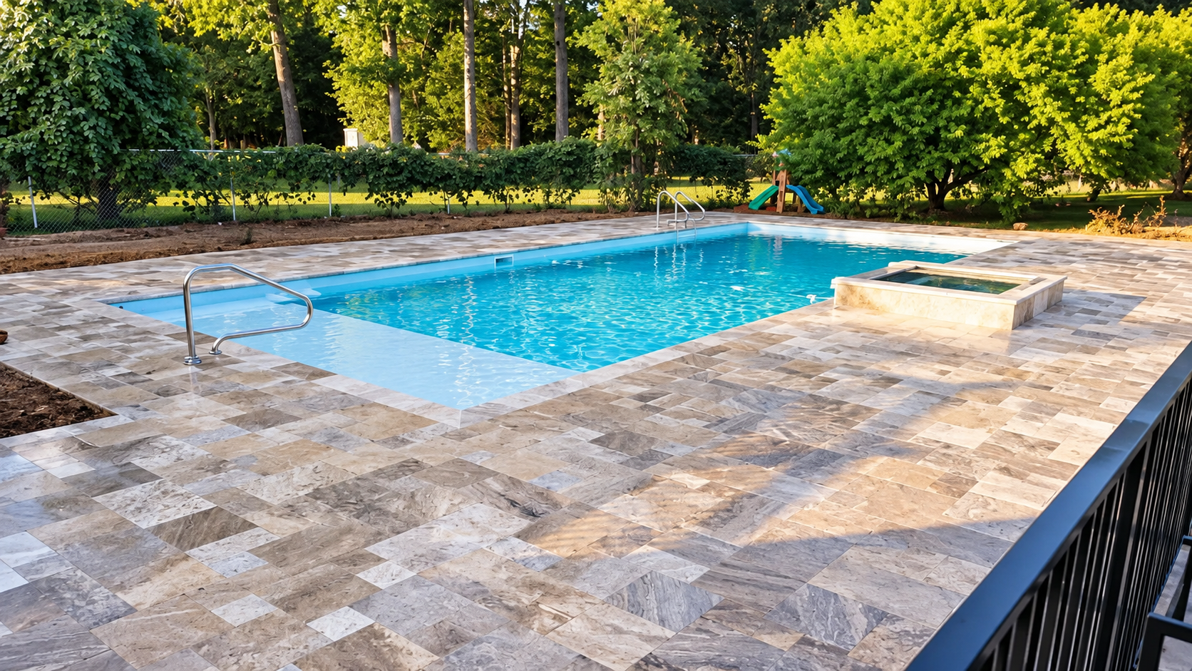 Travertine pool deck surrounding a swimming pool and raised spa
