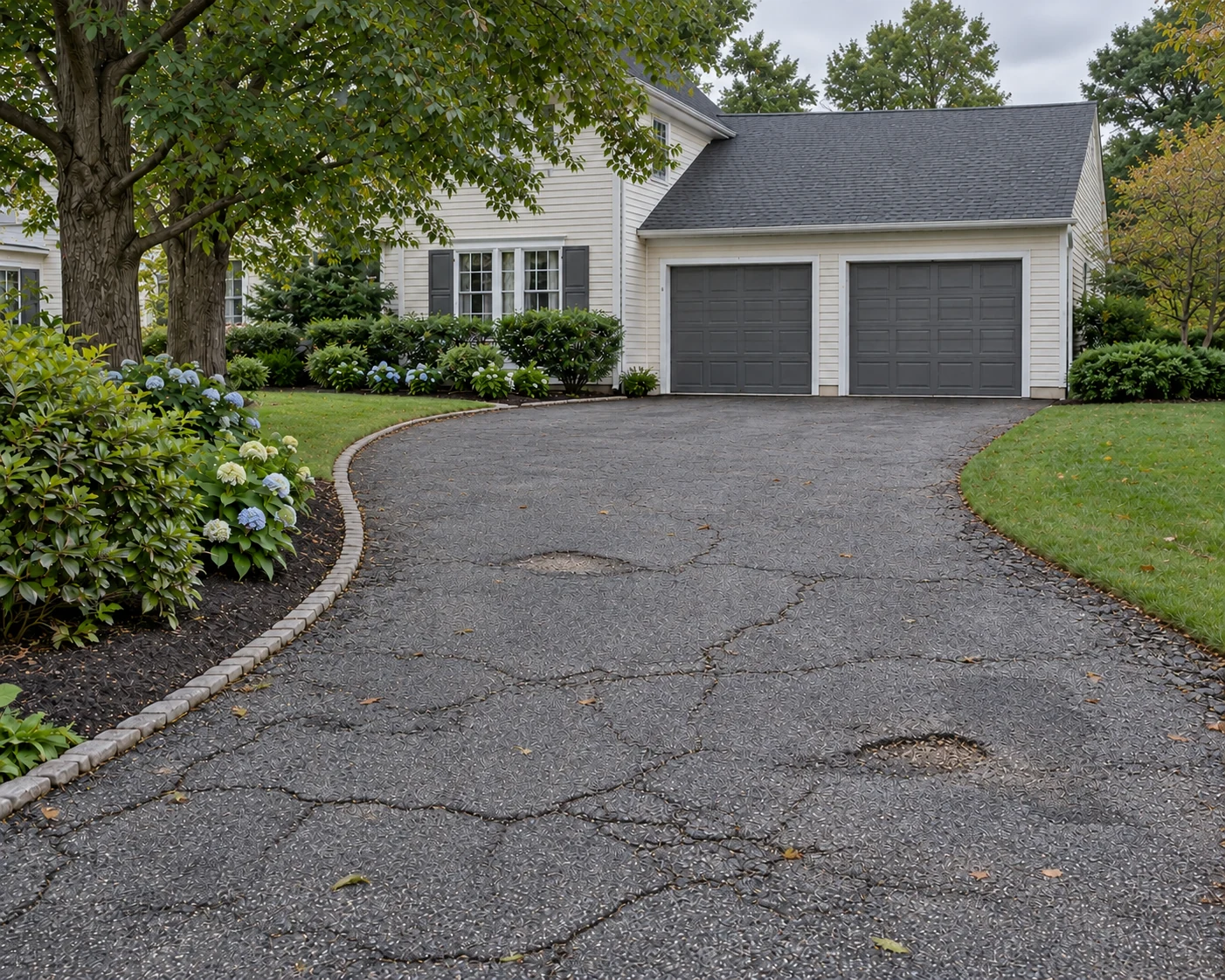 Before paving: the same driveway with faded asphalt, cracks, and worn patches on an overcast day