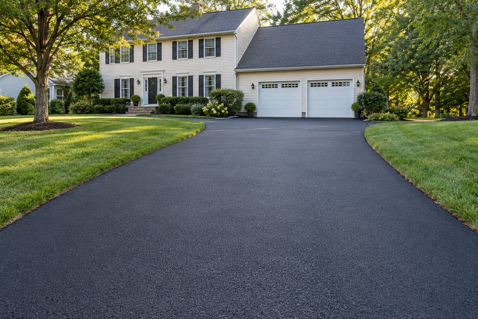 Straight asphalt driveway with neat lawn edges leading to a two-car garage