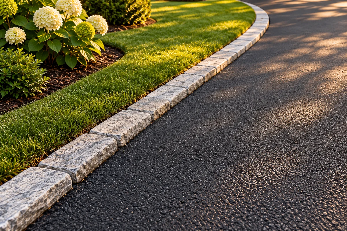 Close-up of fine asphalt texture meeting curved natural-stone edging and a manicured lawn