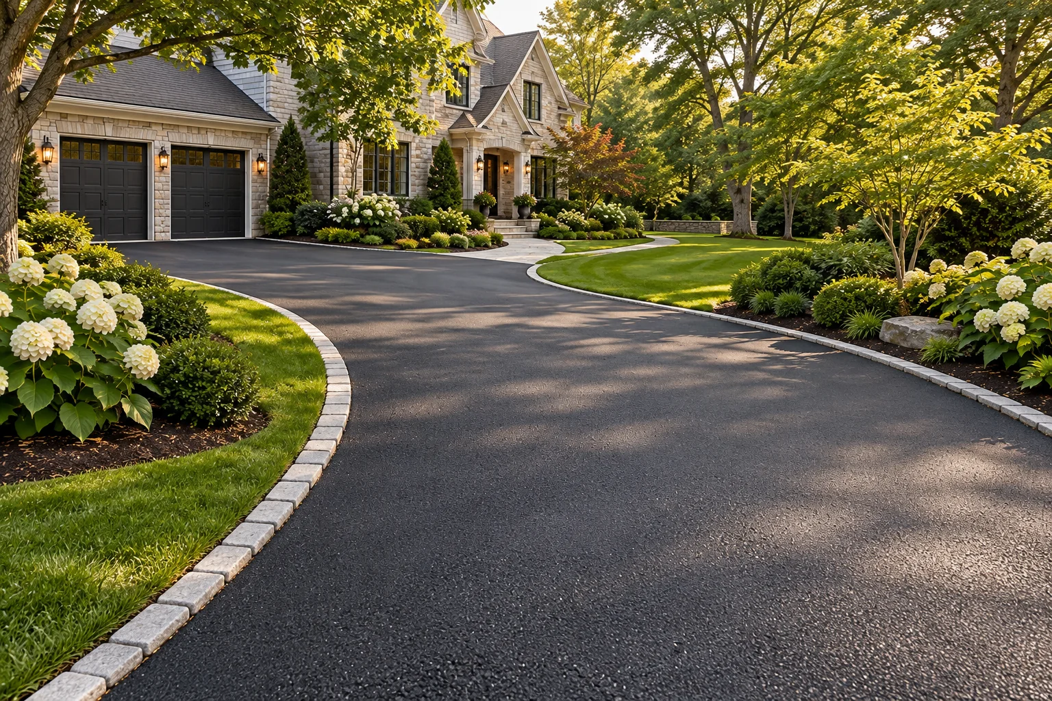 Broad curved asphalt driveway with stone edging, hydrangeas, and a landscaped stone-front home