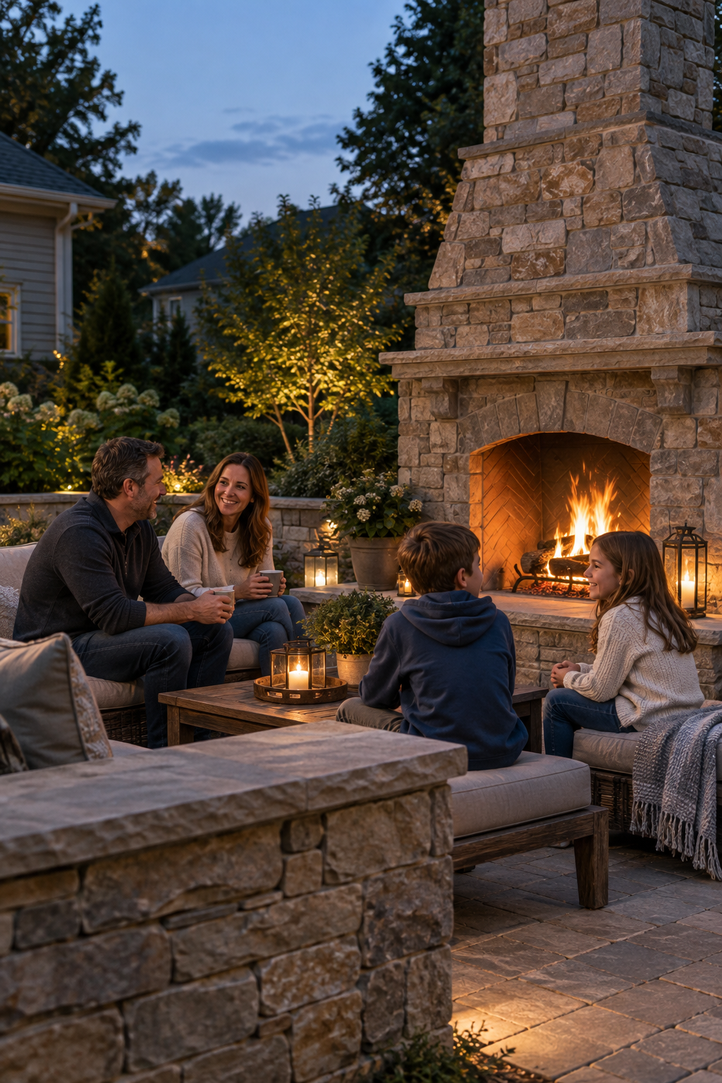 Family enjoying a stone outdoor fireplace and paver patio in a Central New Jersey backyard