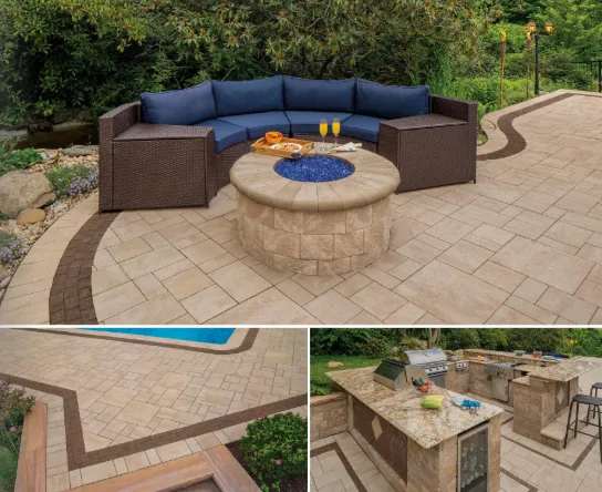 Outdoor living collage with a paver patio, round fire pit, curved seating, and stone grill island