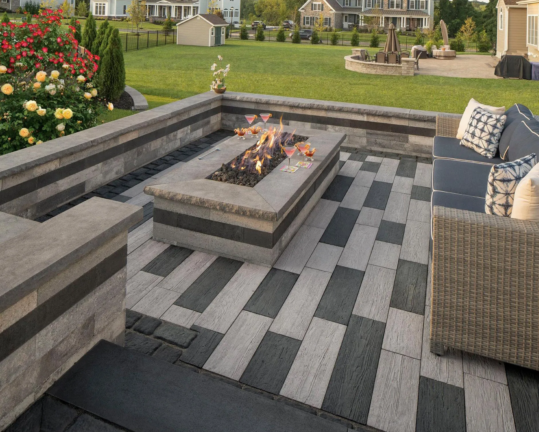 Design inspiration showing a rectangular gas fire table and surrounding seating