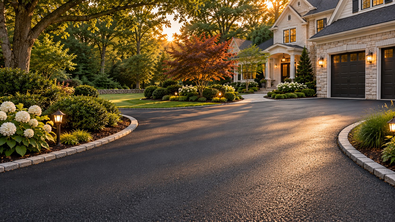 Sweeping asphalt driveway bordered by lush gardens and warm lanterns at a stone-front home