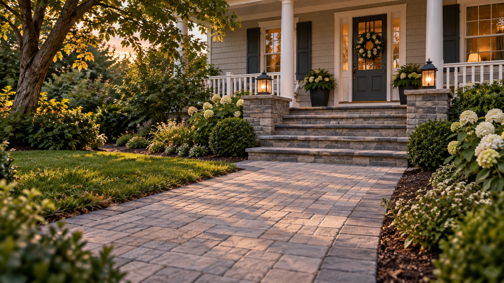 Paver walkway leading to a stone front entrance in Central New Jersey