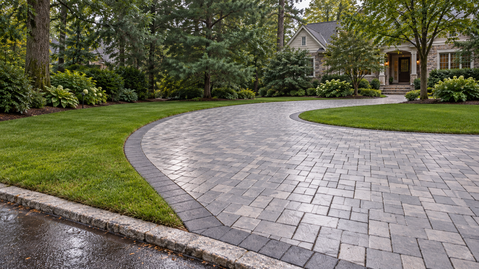 Curved gray paver driveway at a landscaped Central New Jersey home