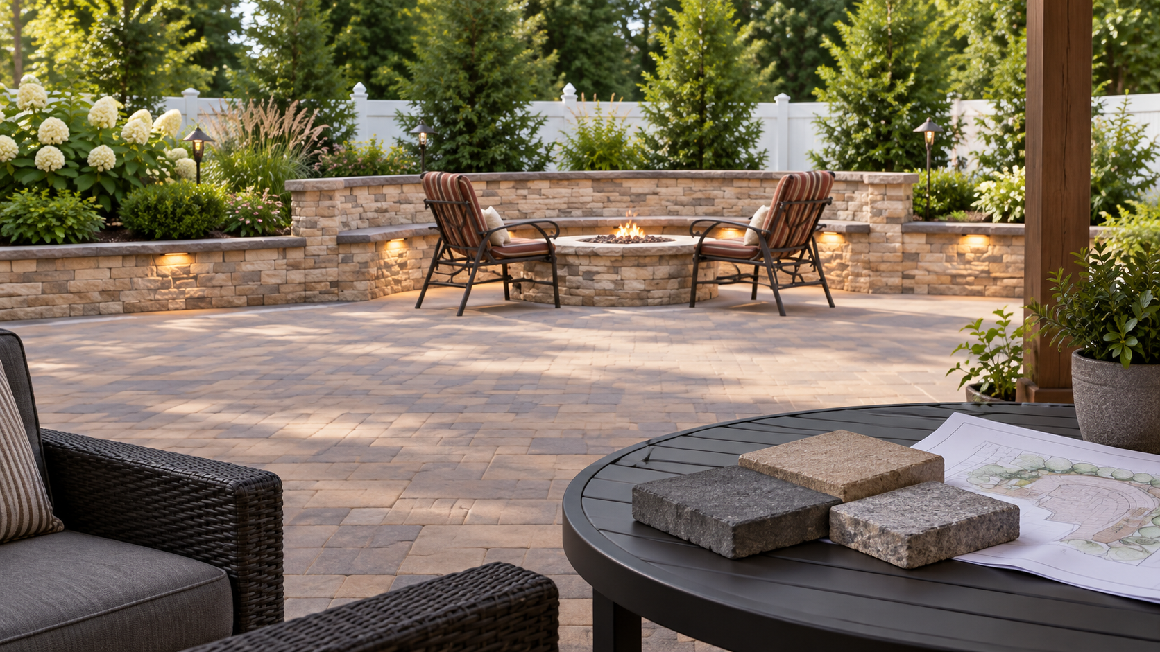Paver samples and project sketch overlooking a finished New Jersey backyard patio