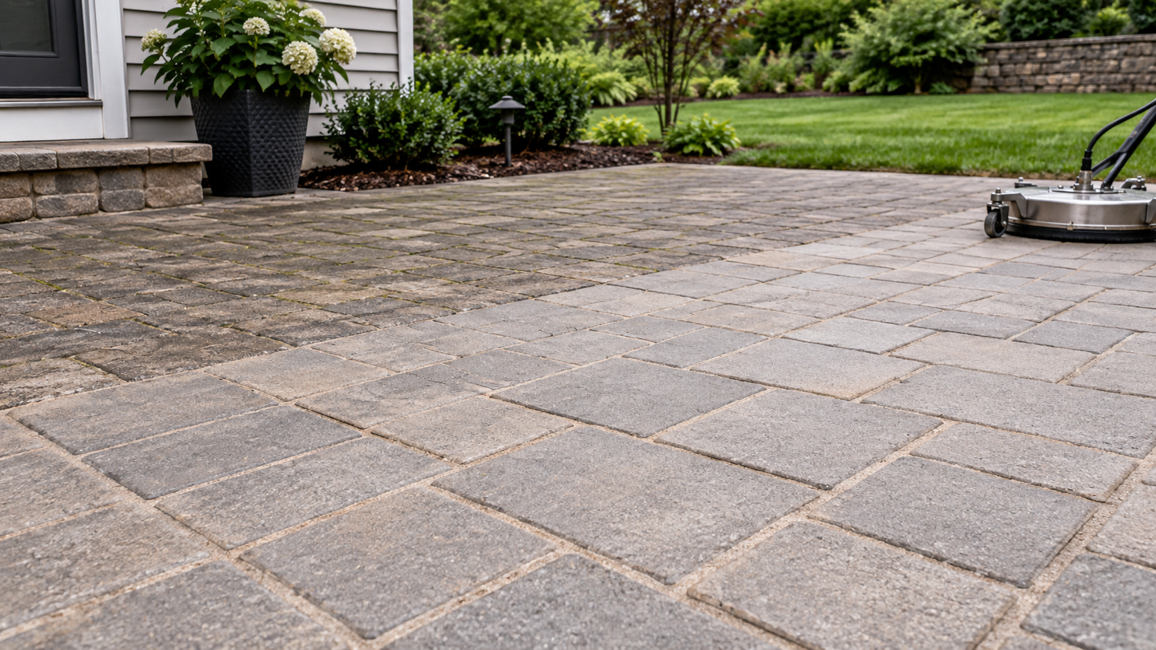 Cleaned gray pavers beside an untreated section during New Jersey paver maintenance