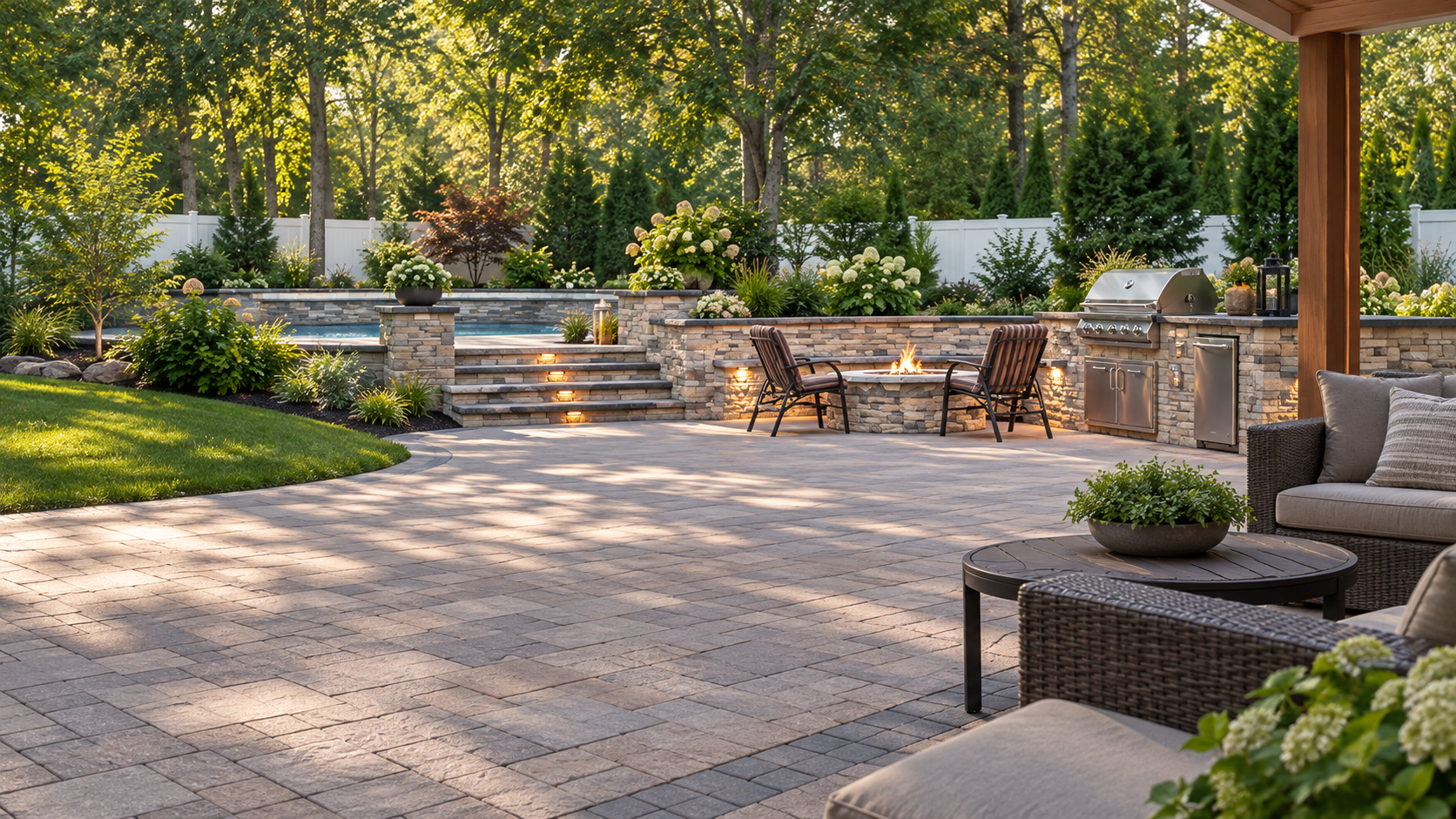 New Jersey paver terrace with stone steps, sitting walls, fire pit, and outdoor kitchen
