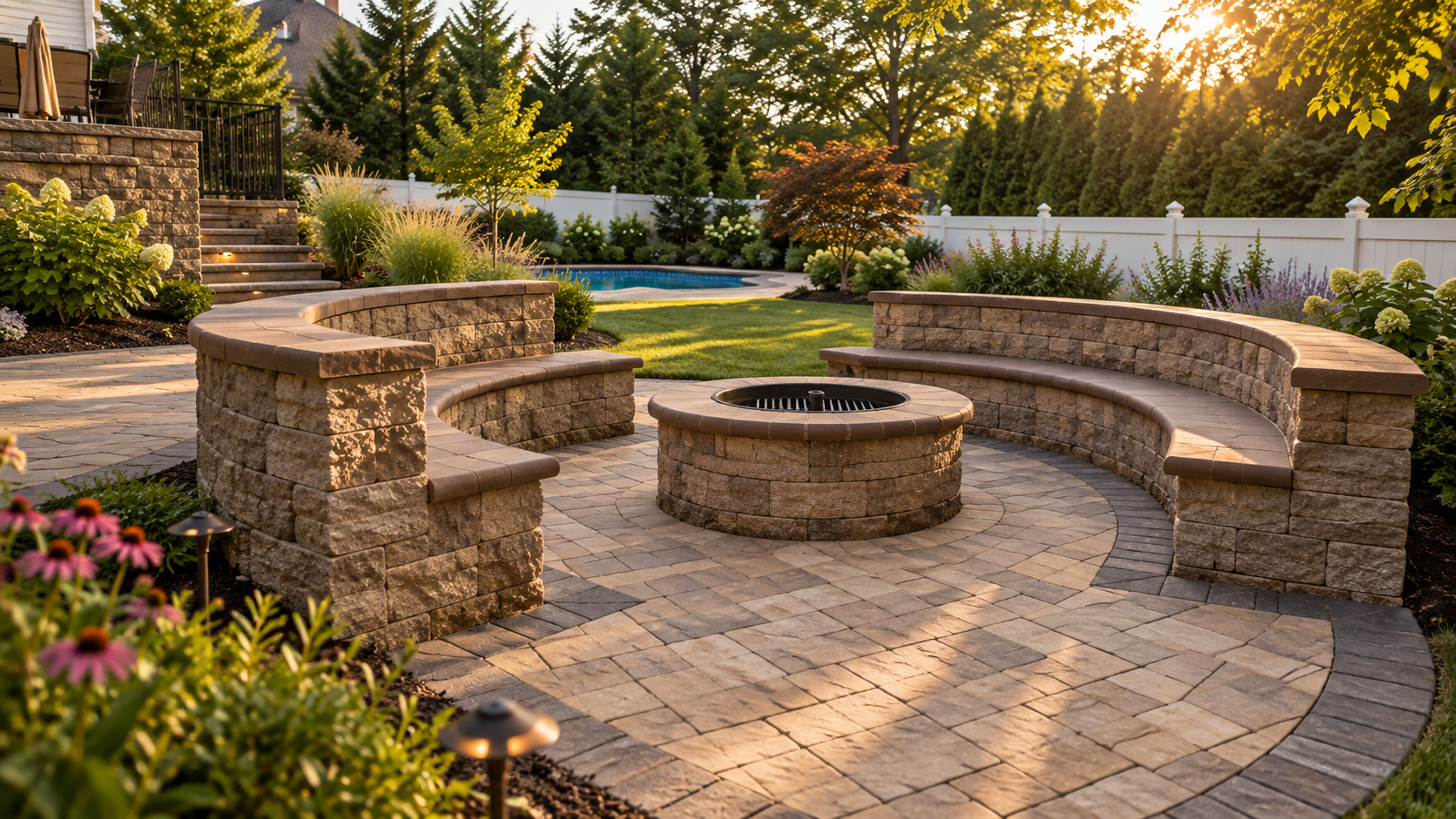 Curved sitting walls and paver patio by New Jersey Pavers & Pools