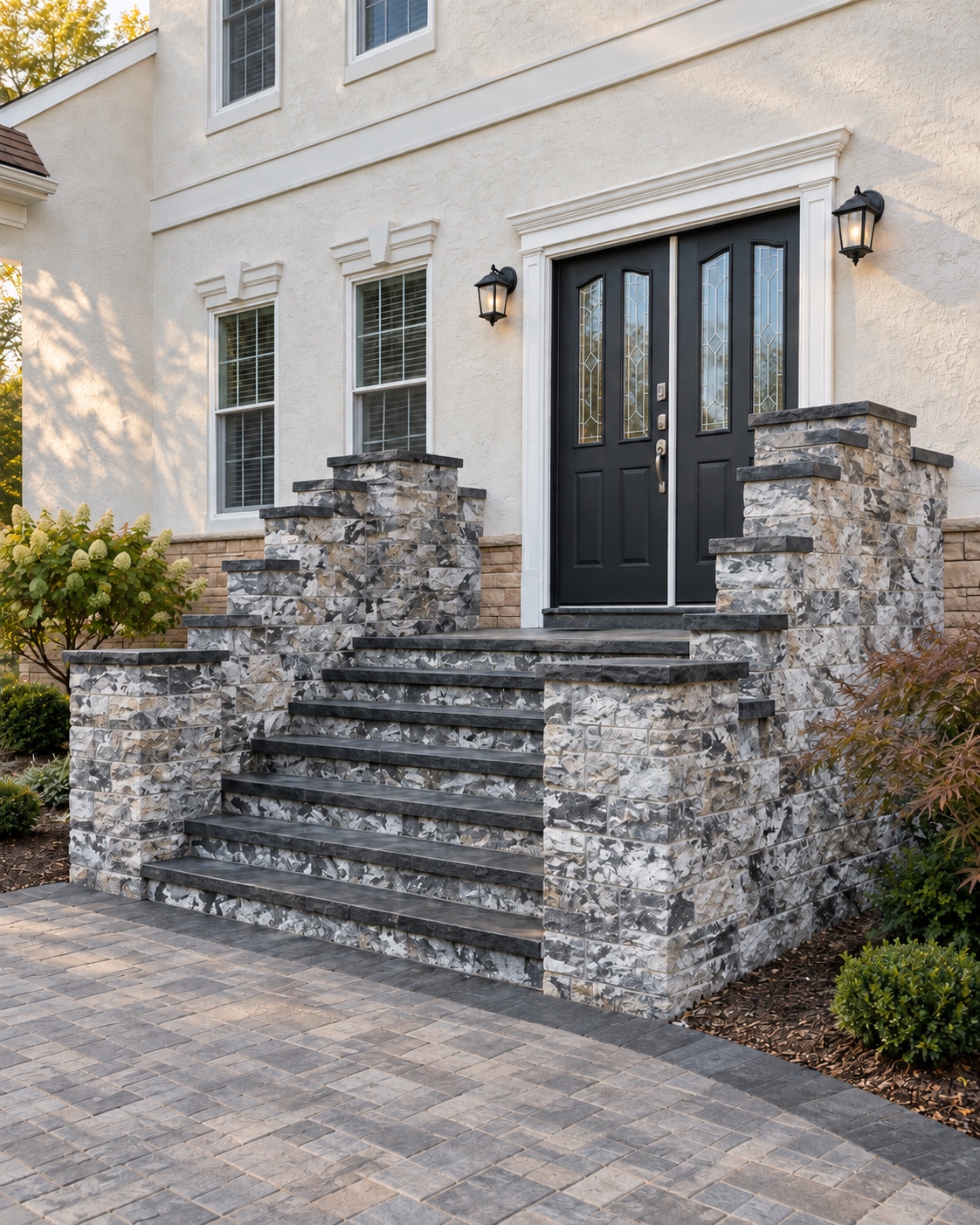 Gray stone entrance steps with charcoal caps and clean masonry pillars beside a cream stucco home