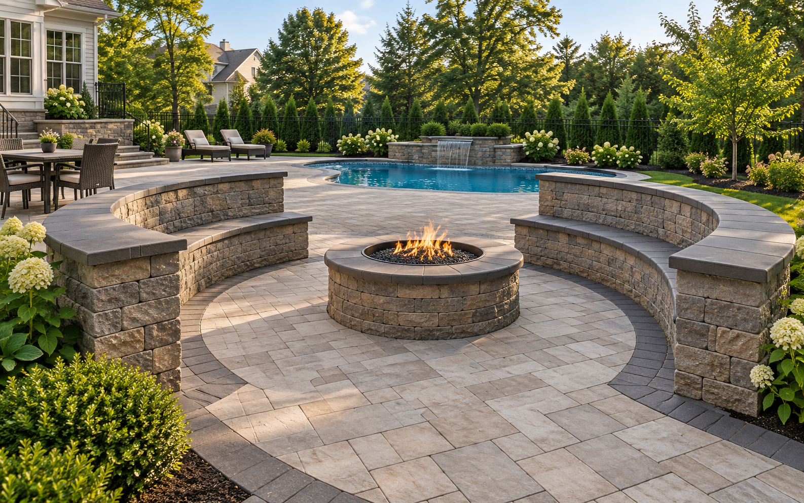 Backyard with a curved stone sitting wall, circular fire pit, and carefully laid paver patio