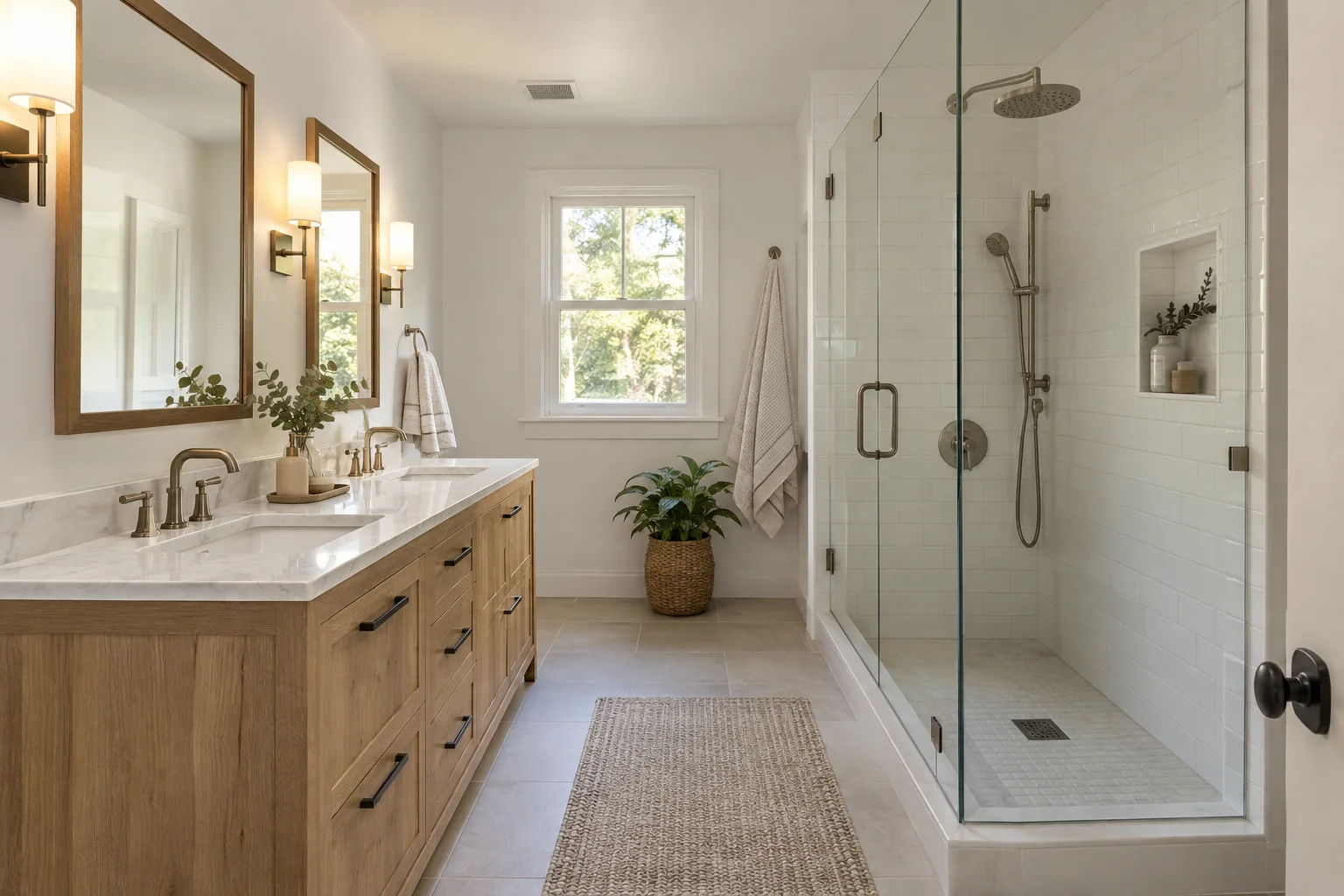 Bathroom with an oak double vanity, quartz counters and a glass shower
