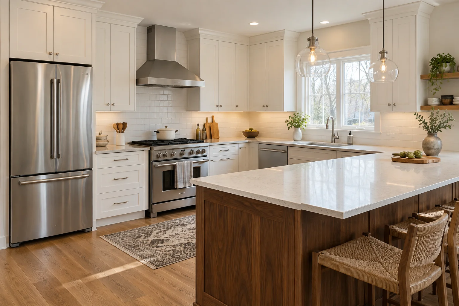 Kitchen with white shaker cabinetry, walnut accents, stone countertops and oak flooring