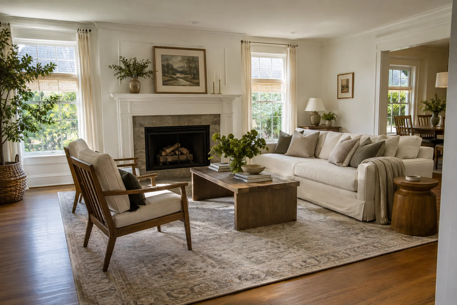Living room with linen seating, oak floors and a painted fireplace surround
