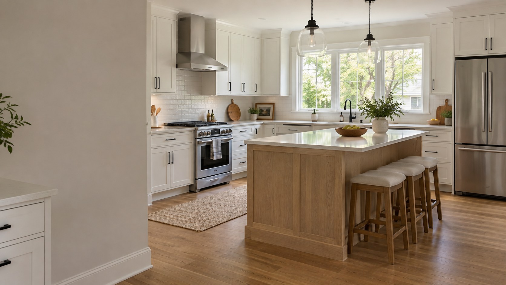 Kitchen with warm white cabinetry, a natural oak island and garden-facing window