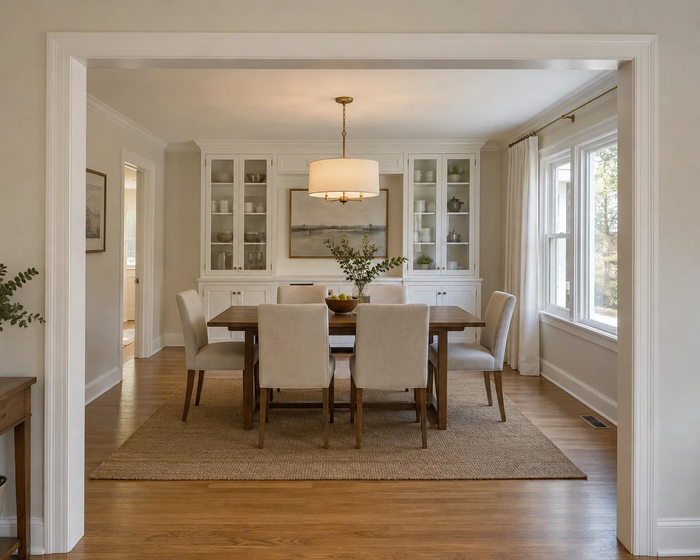 Dining room with natural wood flooring, white millwork and a walnut dining table