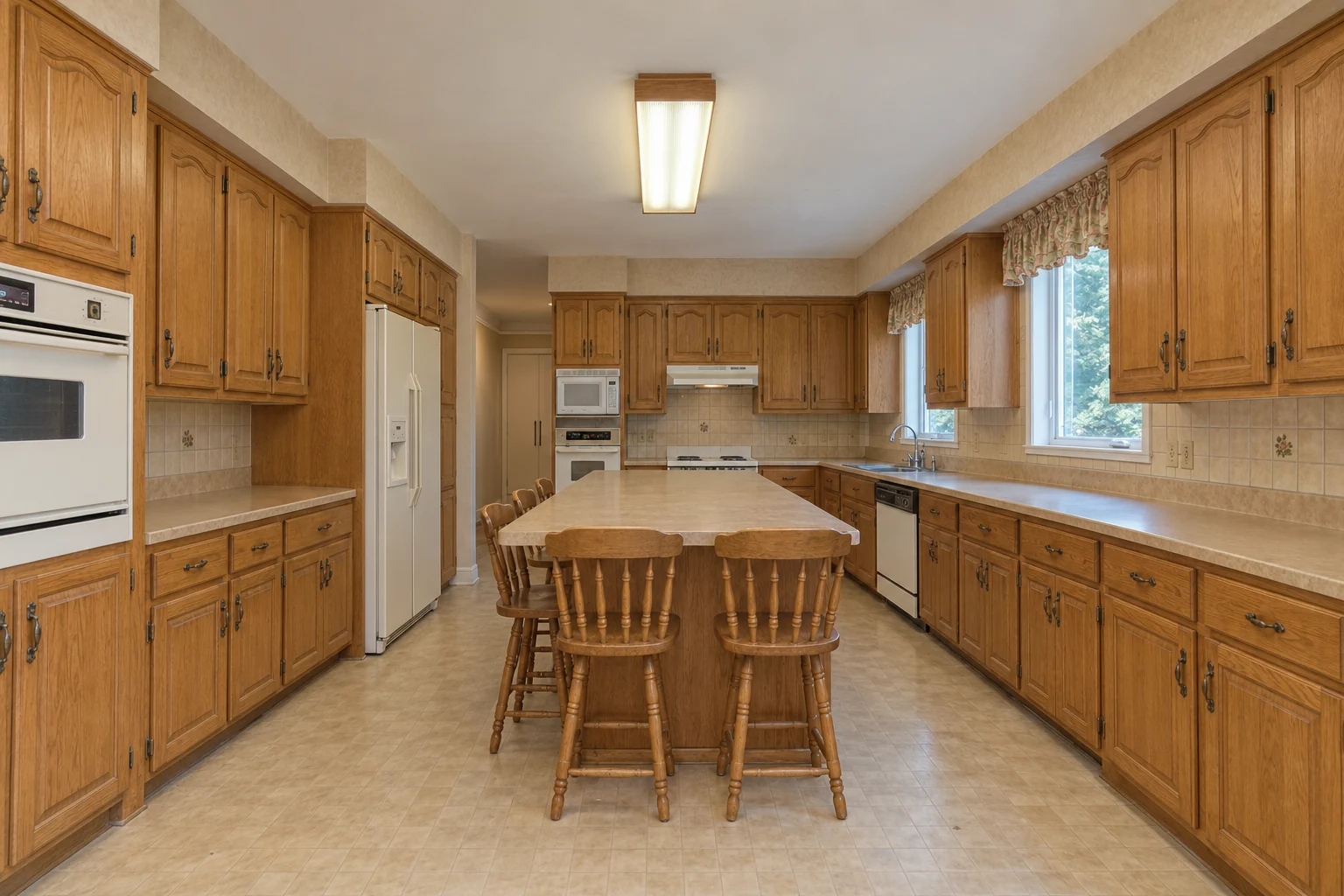 Kitchen before remodeling with dated oak cabinets, laminate counters, older appliances and dated flooring