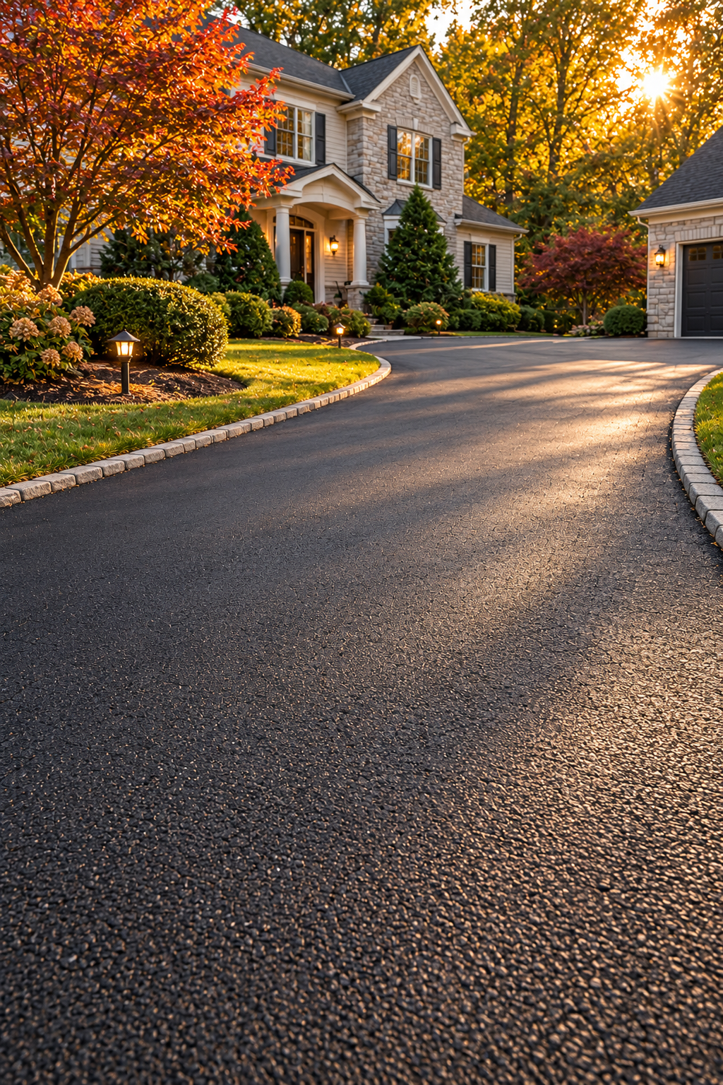 Smooth asphalt driveway curving toward a stone-front home in warm autumn light