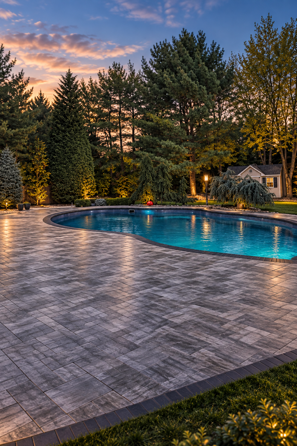Curved pool edge with dark coping and gray pavers at dusk