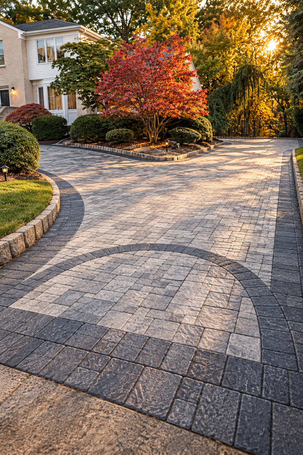 Gray paver driveway with a dark border and circular paving pattern