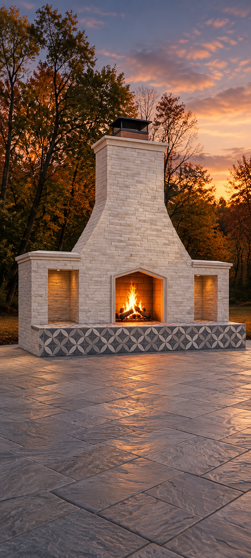 White stone outdoor fireplace with a glowing fire at dusk