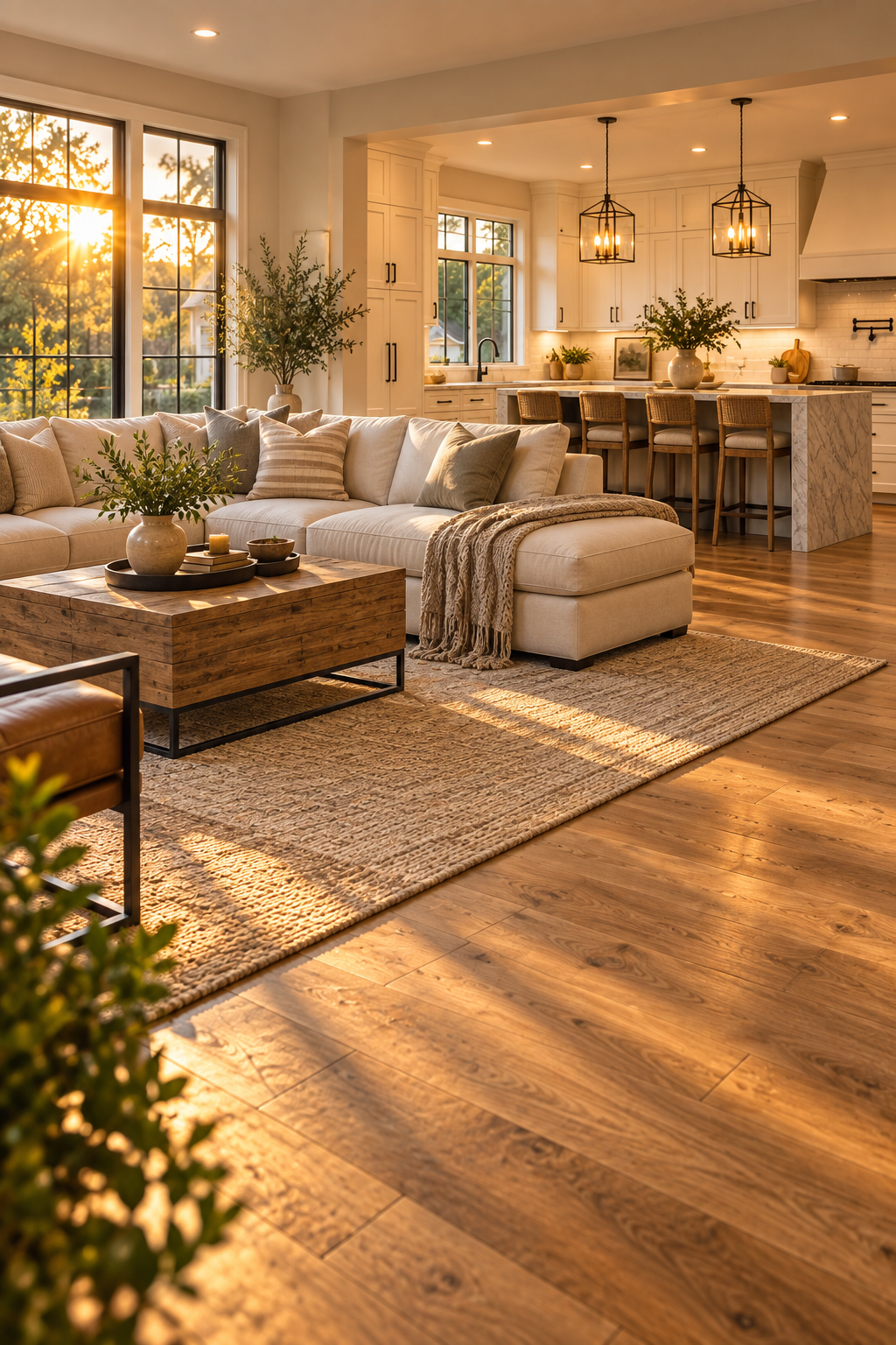 Warmly lit living room with oak flooring opening into a kitchen with white cabinets and a stone island