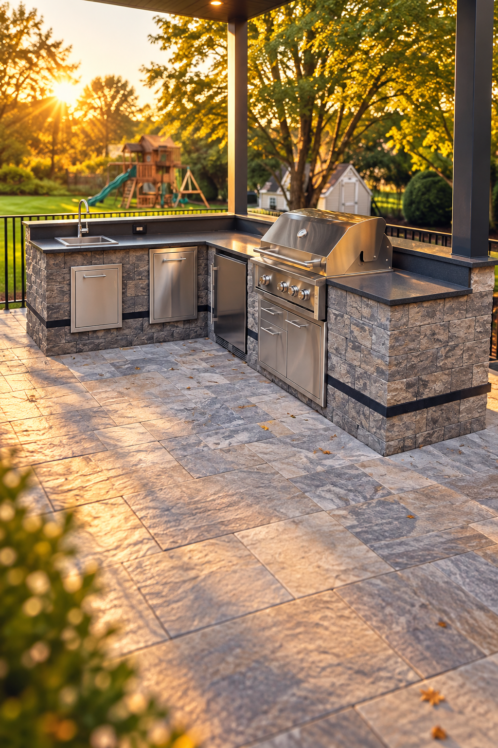 Stone outdoor kitchen with stainless steel grill and sink in golden-hour light