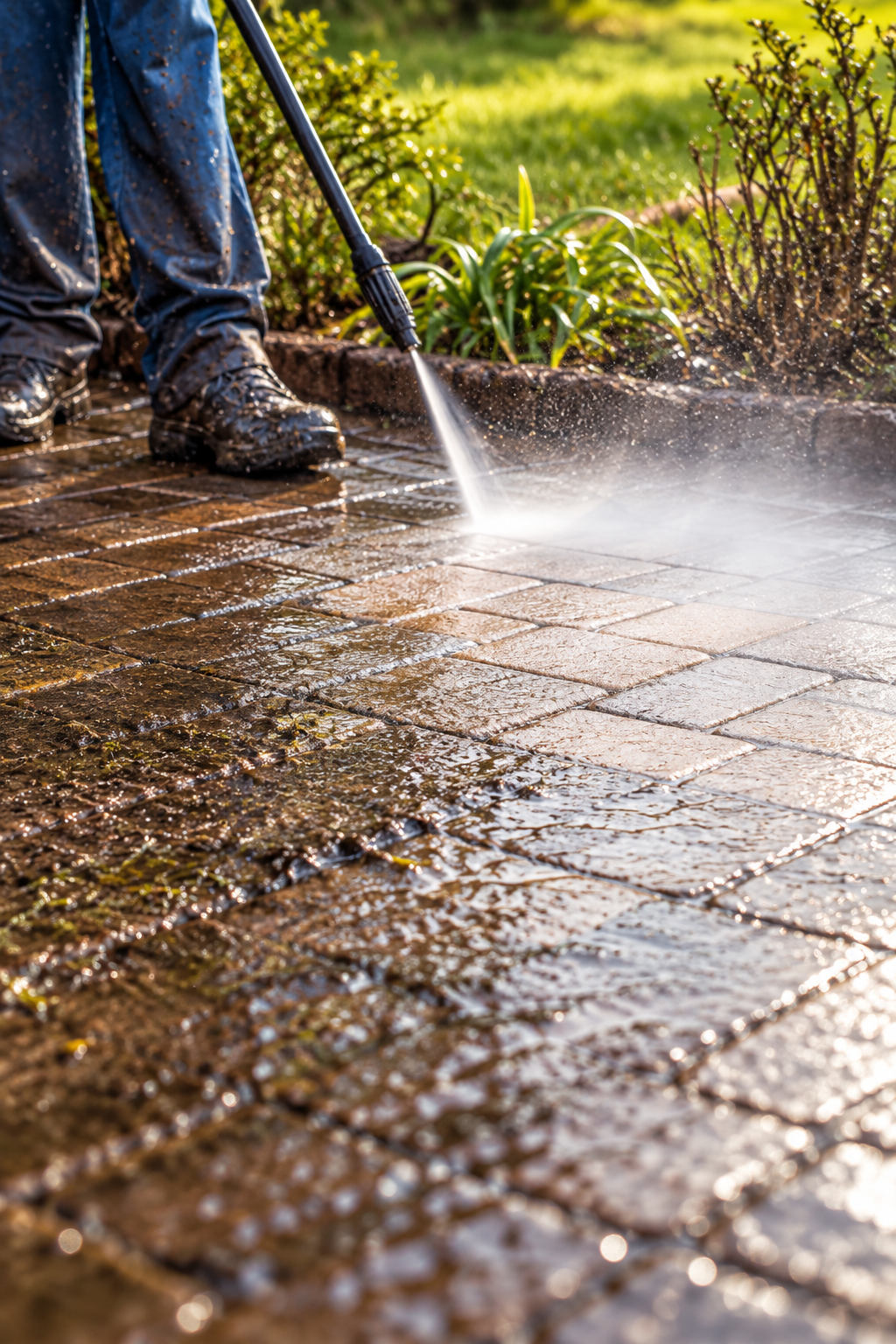 Pressure washing a paved outdoor surface in warm light
