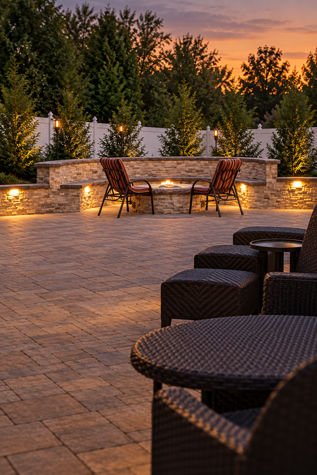 Paver patio with chairs and an illuminated sitting wall at dusk