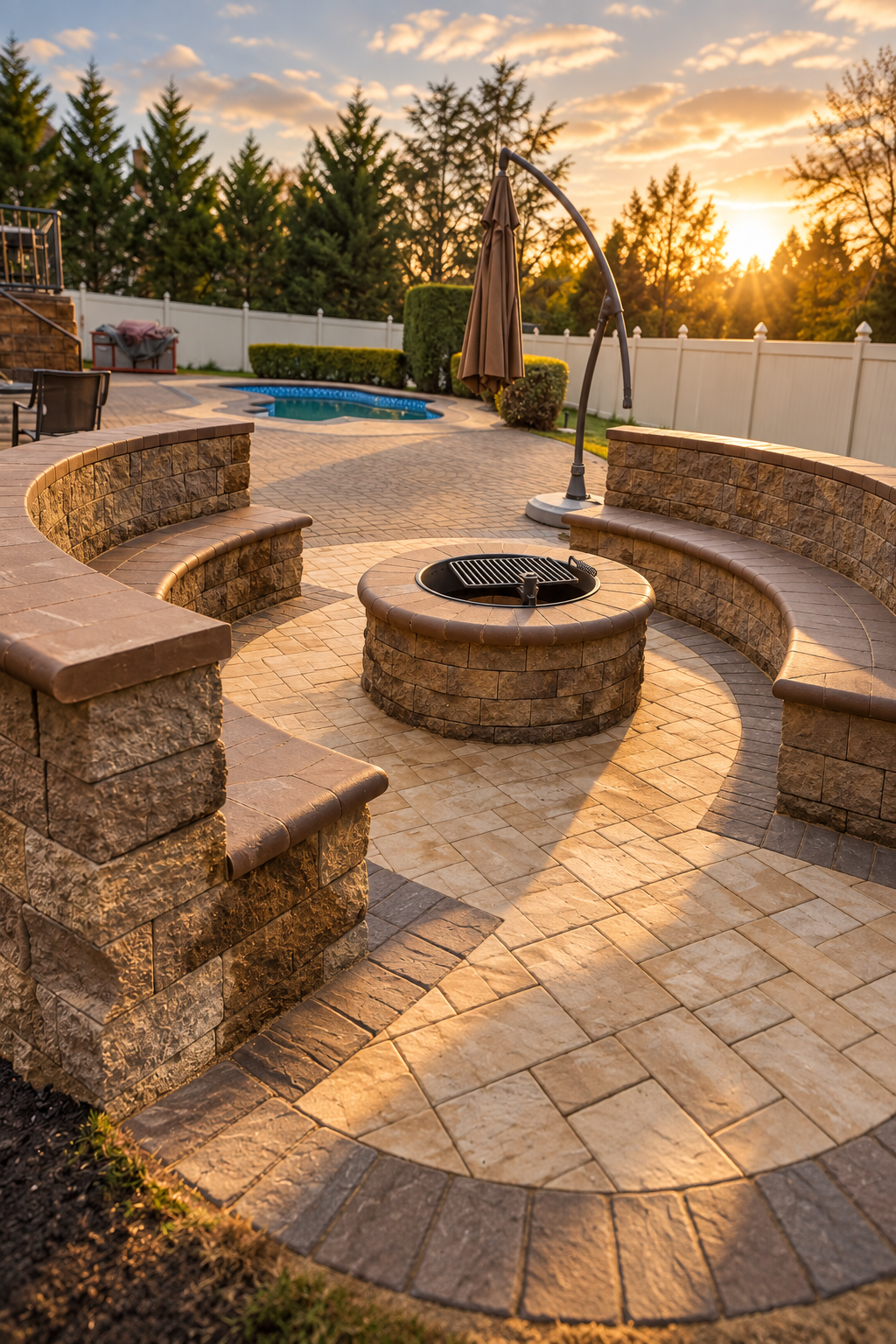 Curved stone sitting walls around a fire pit at sunset